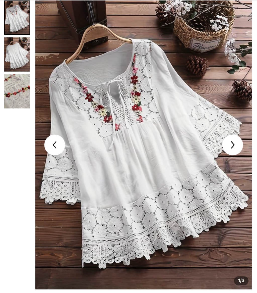 Women's Plus Size Elegant Floral Applique Lace Blouse with Tie Neck - Short Sleeve Top