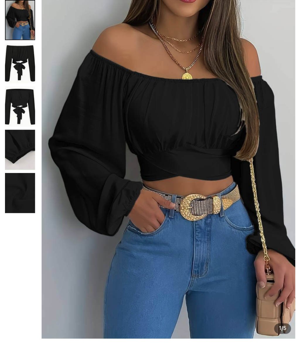 Women's Solid Cross Tie Back Crop Blouse - Casual Off Shoulder Long Sleeve Top