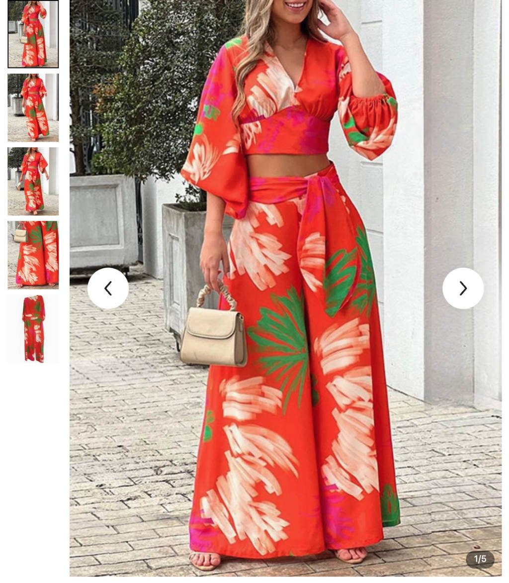 Women's Floral Print V-neck Lace Up Suit with High Waist Wide Leg Pants and Lantern Sleeve Top