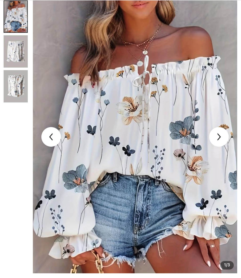 Off Shoulder Floral Print Tube Top, Casual Lantern Sleeve Ruffle Trim Tube Top For Spri