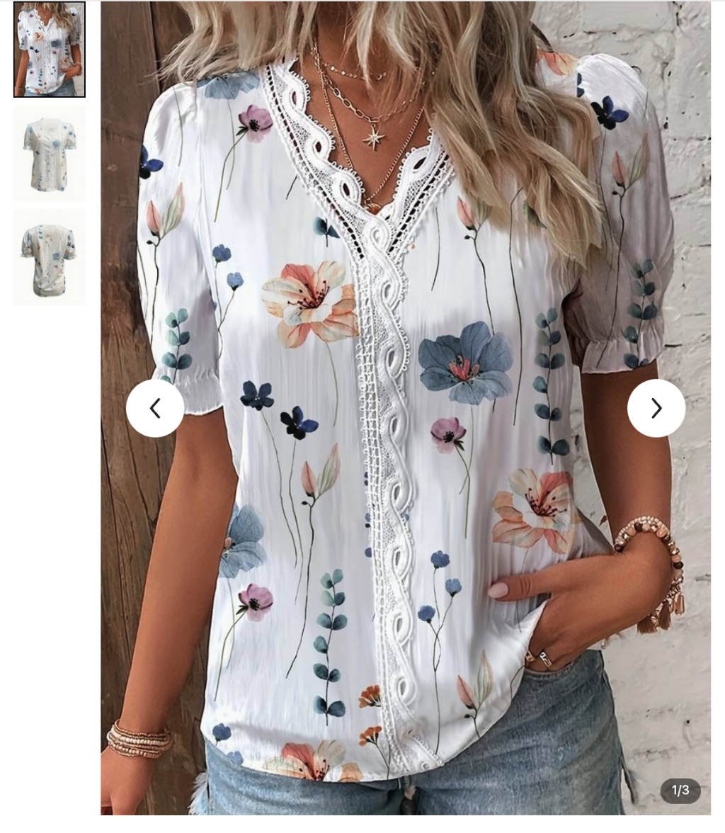 Women's Plus Size Casual Blouse with Floral Print and Lace Panel Puff Sleeves